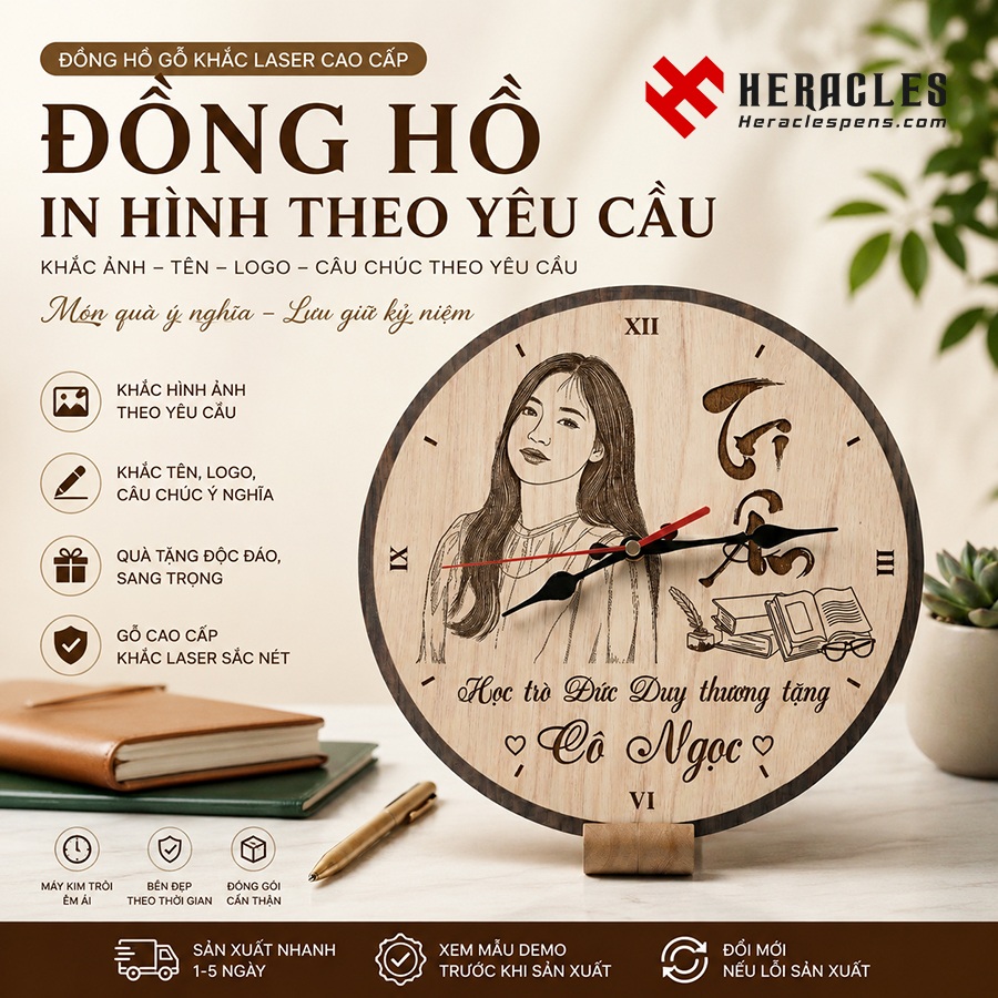 Đồng hồ gỗ in hình theo yêu cầu Heracles mẫu quà tặng khắc chân dung bằng laser sắc nét trên nền gỗ cao cấp tinh tế làm quà tặng ý nghĩa tặng thầy cô giáo.