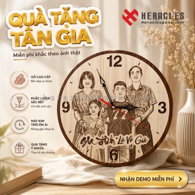 Quà tặng tân gia ý nghĩa là đồng hồ gỗ cao cấp khắc hình ảnh gia đình sắc nét bằng công nghệ laser hiện đại.