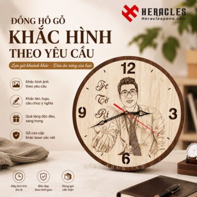 Mẫu đồng hồ gỗ khắc hình chân dung nghệ thuật bằng laser theo yêu cầu làm quà tặng cá nhân hóa độc đáo sang trọng tại Heracles cho người thân bạn bè.