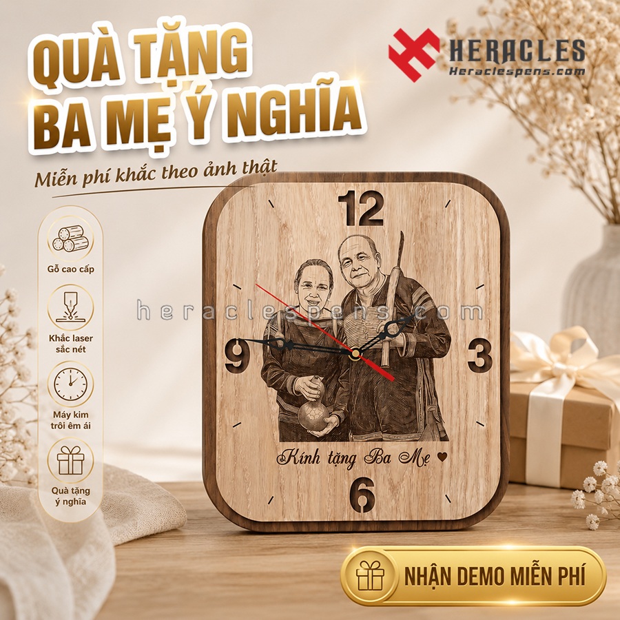 Đồng hồ gỗ quà tặng ba mẹ khắc chân dung nghệ thuật cao cấp Heracles, món quà tặng kỷ niệm gia đình độc đáo ý nghĩa, miễn phí thiết kế demo.