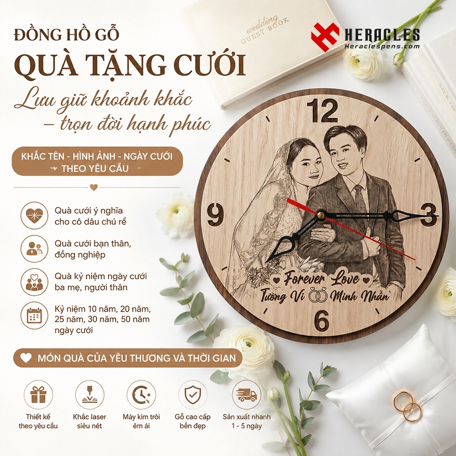Mẫu đồng hồ gỗ quà tặng cưới cao cấp khắc tên cô dâu chú rể tinh xảo nghệ thuật là món quà lưu giữ kỷ niệm ngày trọng đại trọn vẹn và vô cùng ý nghĩa.
