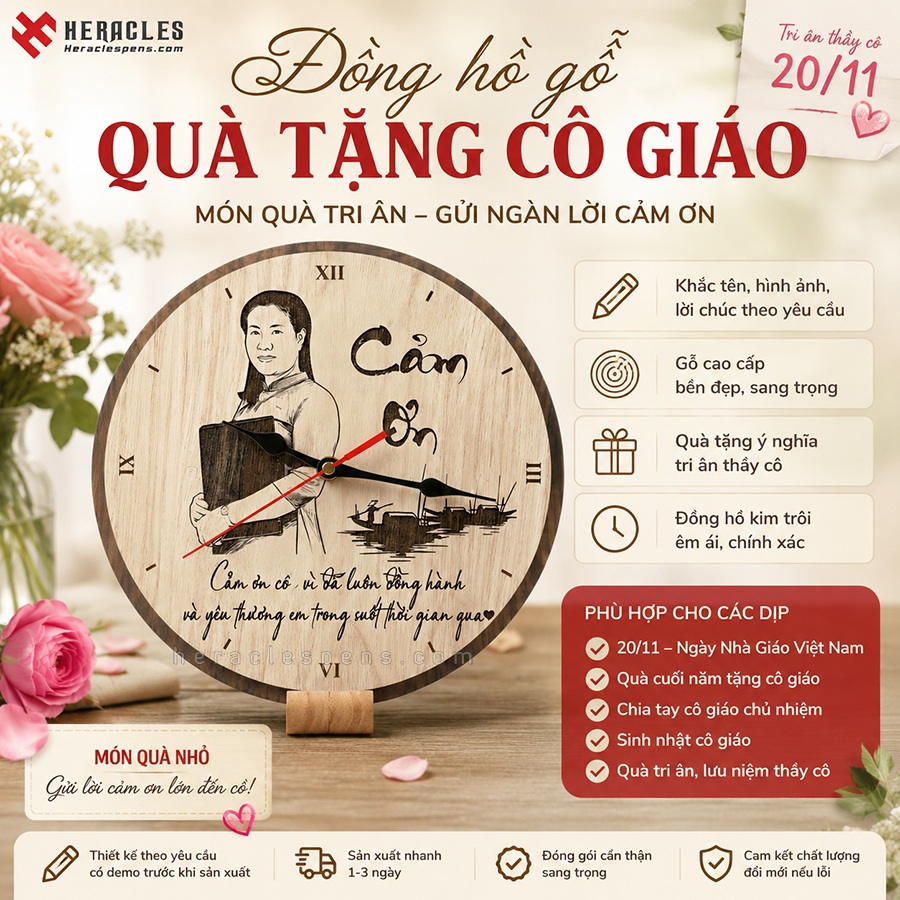 Đồng hồ gỗ khắc chân dung cô giáo theo yêu cầu là món quà tri ân ý nghĩa tặng cô dịp 20/11 hoặc cuối năm học giúp lưu giữ những kỷ niệm đẹp của cô trò.
