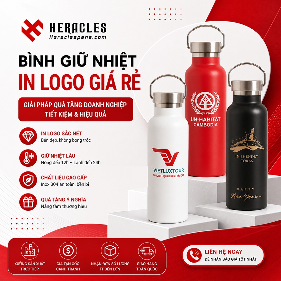 Dịch vụ làm bình giữ nhiệt in logo giá rẻ theo yêu cầu tại Heracles giúp in ấn logo sắc nét, bền đẹp, mang lại giải pháp quà tặng doanh nghiệp tinh tế và vô cùng đẳng cấp.
