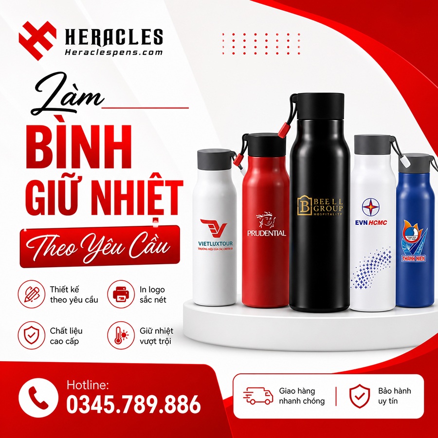 Dịch vụ làm bình giữ nhiệt theo yêu cầu tại Heracles giúp in logo sắc nét trên inox 304 cao cấp là giải pháp quà tặng doanh nghiệp vô cùng tinh tế nhất.