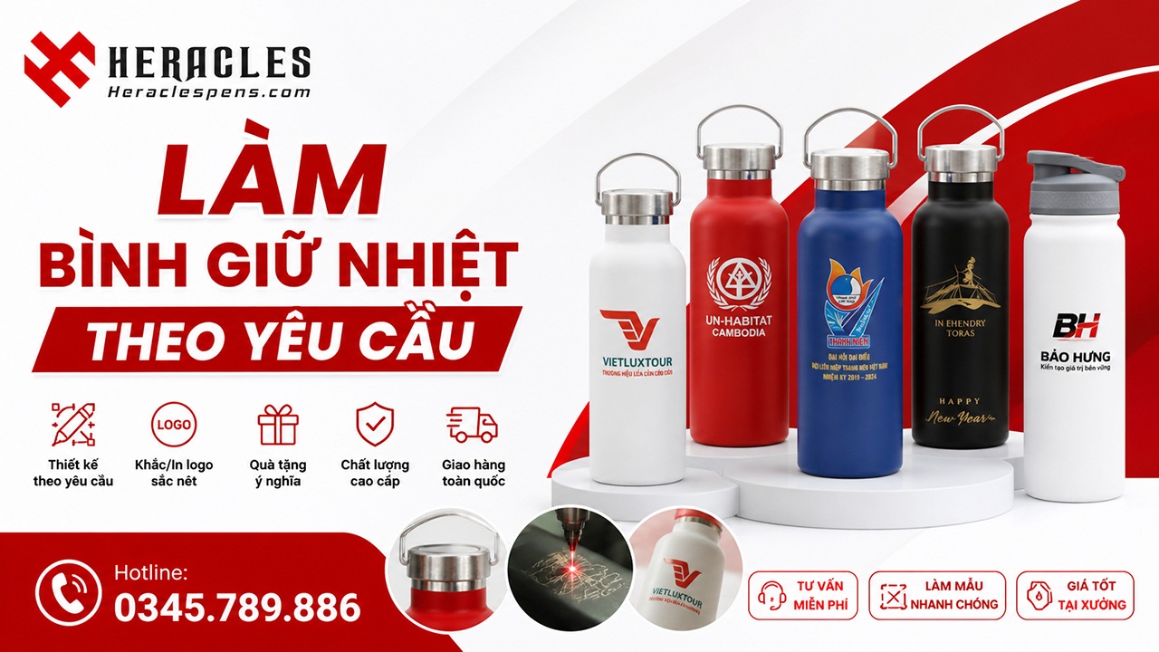 Dịch vụ làm bình giữ nhiệt theo yêu cầu tại Heracles giúp in logo sắc nét trên inox 304 cao cấp là giải pháp quà tặng doanh nghiệp vô cùng tinh tế nhất.