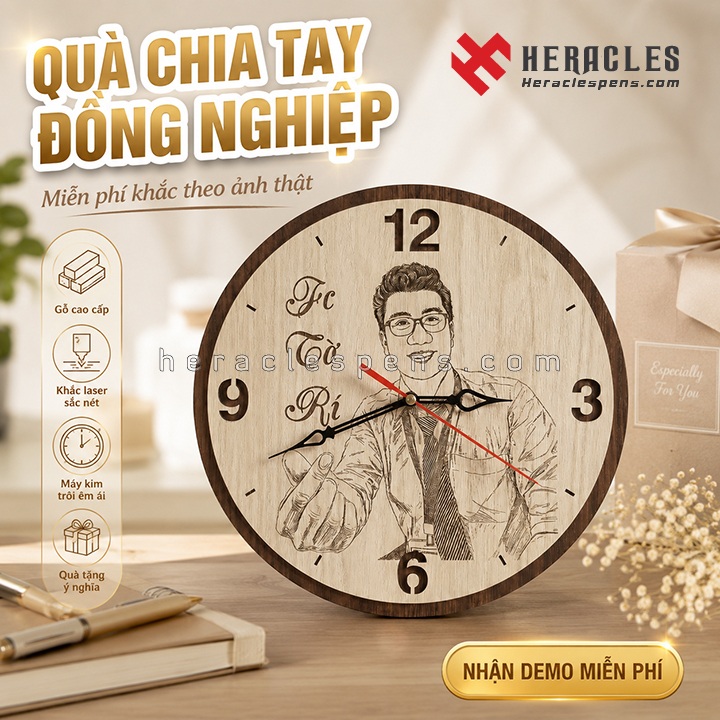 Đồng hồ gỗ khắc tên quà chia tay đồng nghiệp độc đáo làm từ gỗ cao cấp, khắc laser sắc nét chân dung và lời chúc ý nghĩa, máy kim trôi êm ái.
