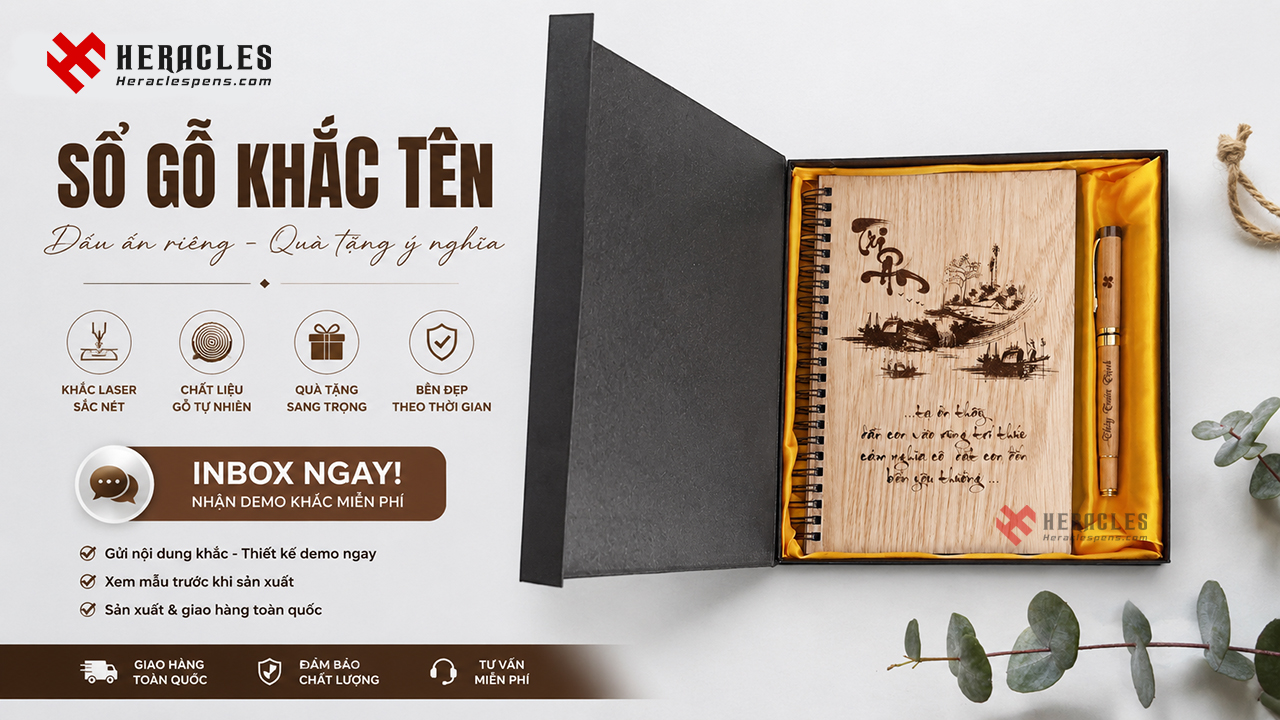 Sổ gỗ khắc tên Heracles quà tặng tri ân thầy cô giáo ý nghĩa với hình ảnh khắc laser tinh xảo sắc nét kèm bút gỗ cao cấp đặt trong hộp quà sang trọng.