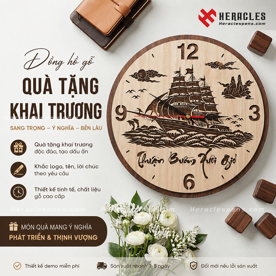 Đồng hồ gỗ quà tặng khai trương cao cấp khắc logo theo yêu cầu