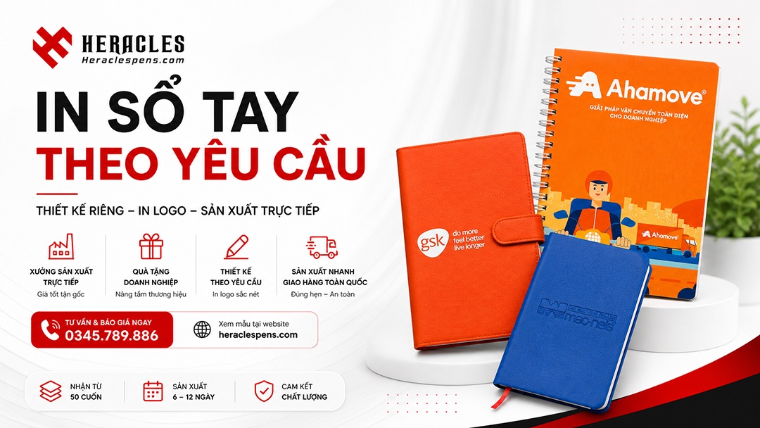 Xưởng in sổ tay giá sỉ tại TPHCM của Heracles chuyên thiết kế miễn phí và in logo doanh nghiệp sắc nét trên các mẫu sổ tay da cao cấp làm quà tặng đối tác.