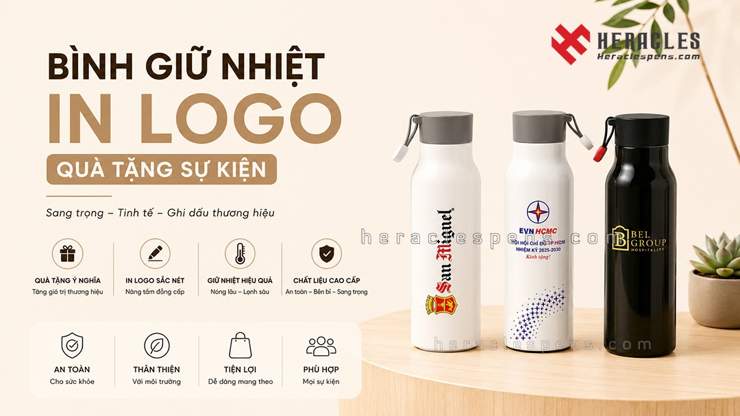Banner dịch vụ cung cấp bình giữ nhiệt in logo quà tặng sự kiện cho doanh nghiệp giá sỉ tận gốc tại xưởng Heracles Pens.
