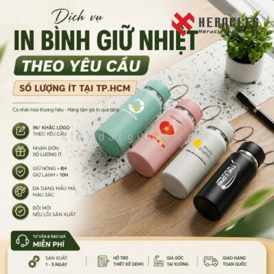 Bảng giới thiệu dịch vụ in bình giữ nhiệt theo yêu cầu số lượng ít giá rẻ tại TP.HCM mới nhất năm 2026, hỗ trợ thiết kế logo lên bình nước quà tặng doanh nghiệp miễn phí.