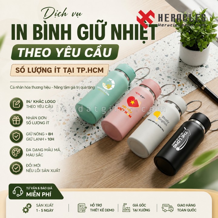 Bảng giới thiệu dịch vụ in bình giữ nhiệt theo yêu cầu số lượng ít giá rẻ tại TP.HCM mới nhất năm 2026, hỗ trợ thiết kế logo lên bình nước quà tặng doanh nghiệp miễn phí.