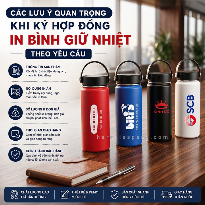 Các lưu ý quan trọng khi ký hợp đồng in bình giữ nhiệt theo yêu cầu giúp bạn tối ưu chi phí, đảm bảo chất lượng bản in logo và bảo hành uy tín.