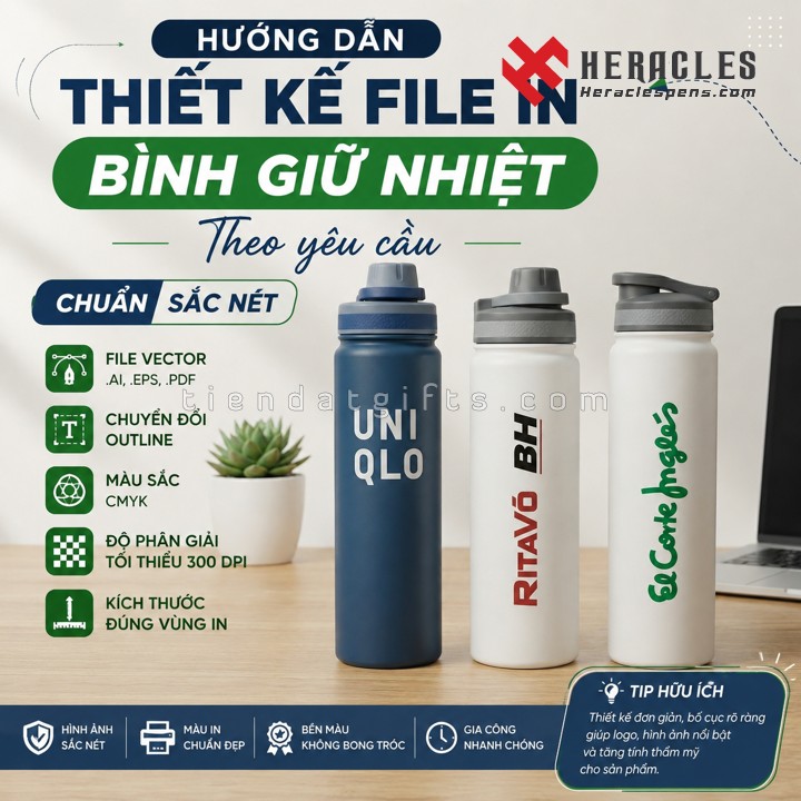 Hướng dẫn thiết kế file in bình giữ nhiệt theo yêu cầu chuẩn nét với file vector chuyên nghiệp, hệ màu CMYK và độ phân giải tối thiểu là 300 DPI.