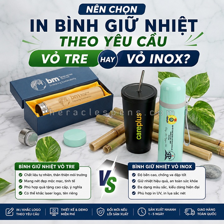 Hướng dẫn nên chọn in bình giữ nhiệt theo yêu cầu vỏ tre hay vỏ inox làm quà tặng. Chuyên gia phân tích chi tiết kết cấu phôi, độ bền và công nghệ in ấn tốt nhất.