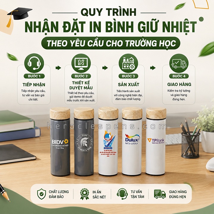 Quy trình nhận đặt in bình giữ nhiệt theo yêu cầu cho trường học tại TPHCM của Heracles Pens