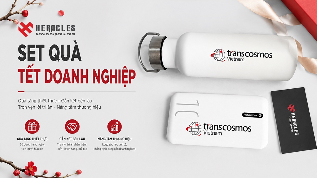 Set quà tết doanh nghiệp cao cấp bao gồm bình giữ nhiệt in logo và hộp quà sang trọng