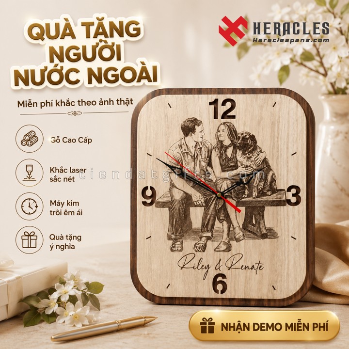 Quà tặng người nước ngoài ý nghĩa với đồng hồ gỗ khắc laser hình ảnh chân dung kỷ niệm tinh tế sắc nét được sản xuất trực tiếp bởi xưởng Heracles.