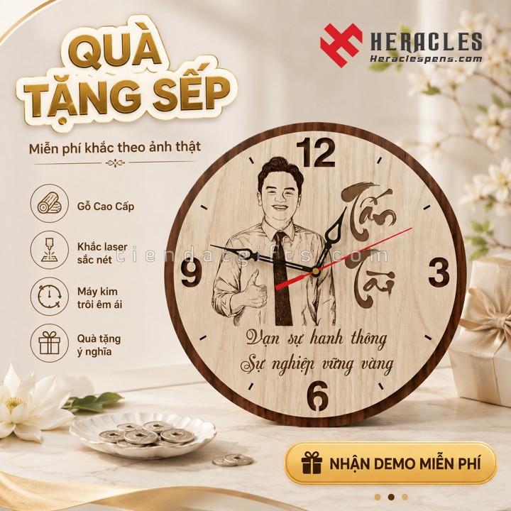 Mẫu đồng hồ gỗ quà tặng sếp cao cấp khắc tên và logo theo yêu cầu, món quà tặng lãnh đạo sang trọng ý nghĩa nhân dịp kỷ niệm ngày thành lập công ty.