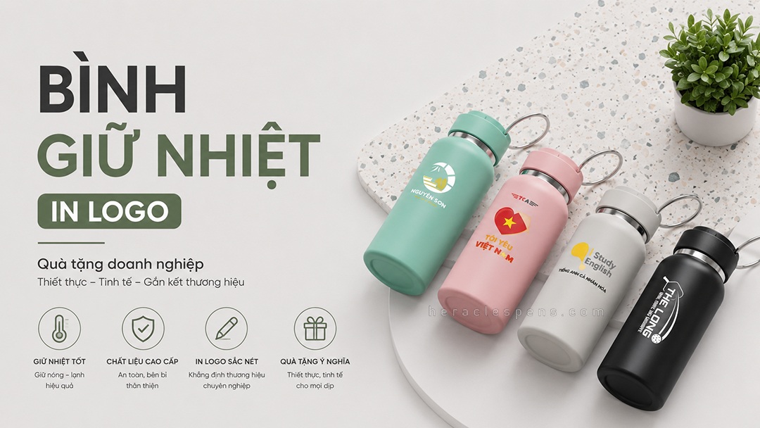 Bình giữ nhiệt in logo theo yêu cầu làm quà tặng doanh nghiệp sang trọng, sắc nét