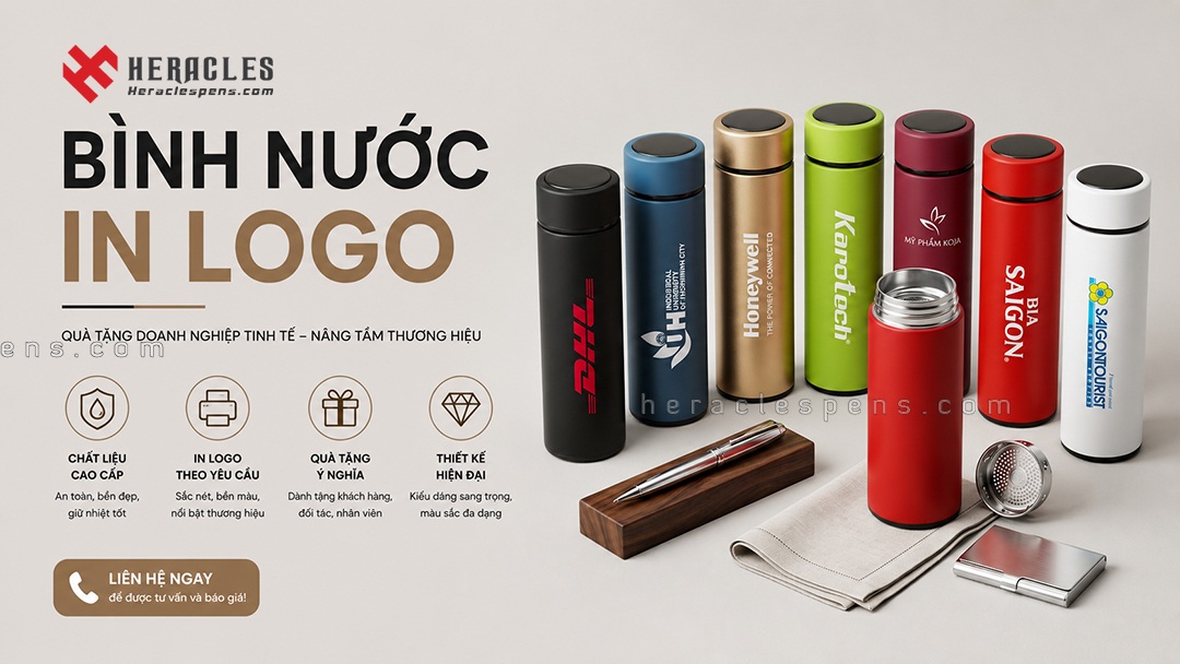 Mẫu bình nước in logo làm quà tặng doanh nghiệp tinh xảo được thiết kế theo yêu cầu tại xưởng Heracles Pens.