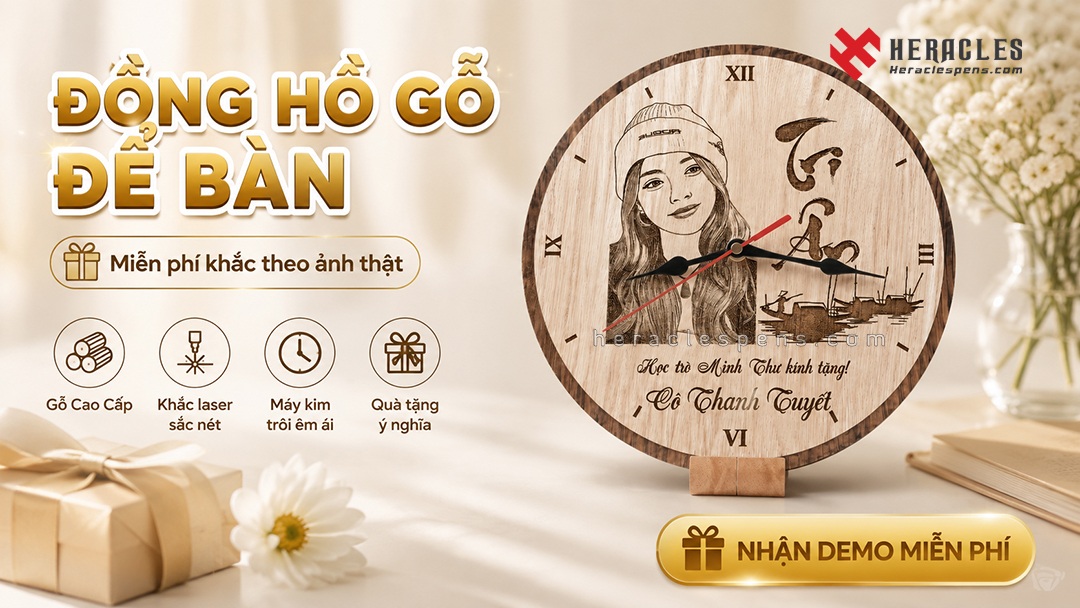 Đồng hồ gỗ để bàn khắc tên chữ hình ảnh làm quà tặng ý nghĩa độc đáo 1 Mẫu đồng hồ gỗ để bàn khắc hình ảnh tri ân thầy cô giáo tinh tế và ý nghĩa.