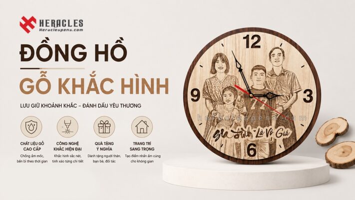 Đồng hồ gỗ khắc tên chữ hình ảnh logo theo yêu cầu làm quà tặng doanh nghiệp và tri ân ý nghĩa tại Heracles Pens